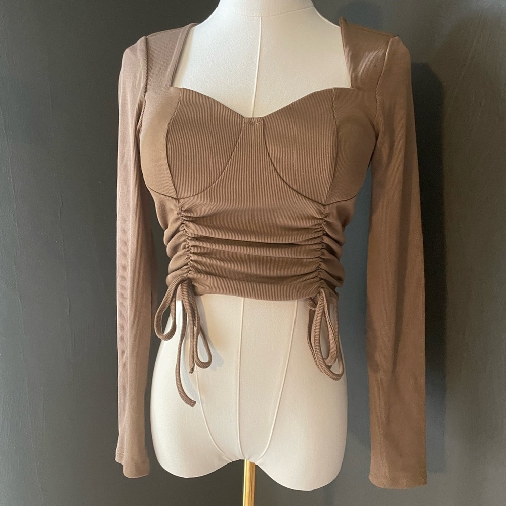 SHEIN Mocha Brown Ribbed Long Sleeve Crop Top – Size Small